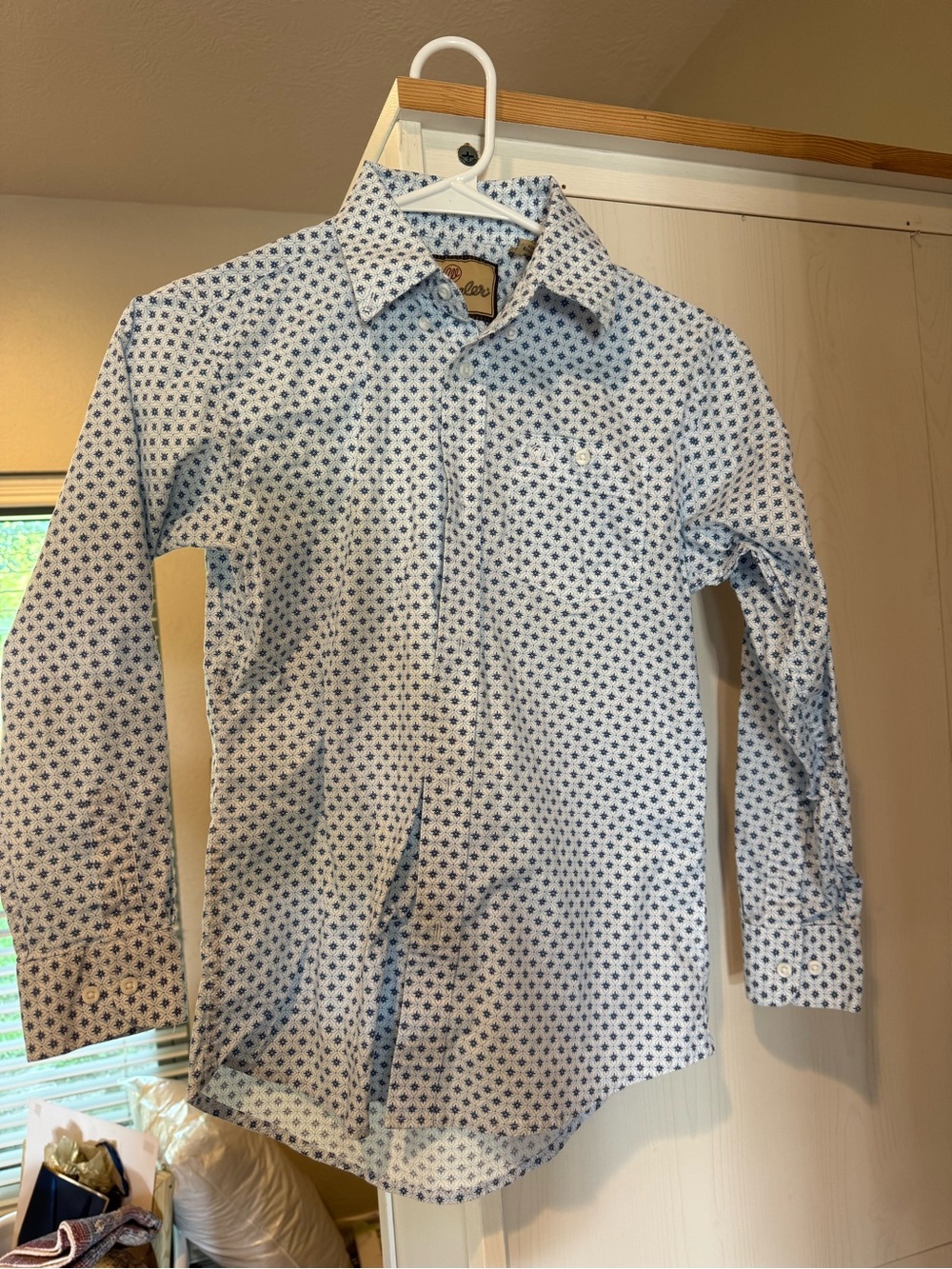 Boys White & Blue Patterned Button-Up Shirt